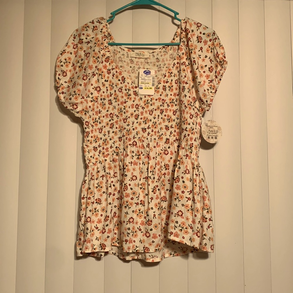 Jolie and Joy women Large floral print short sleeve gathered crop top NWT